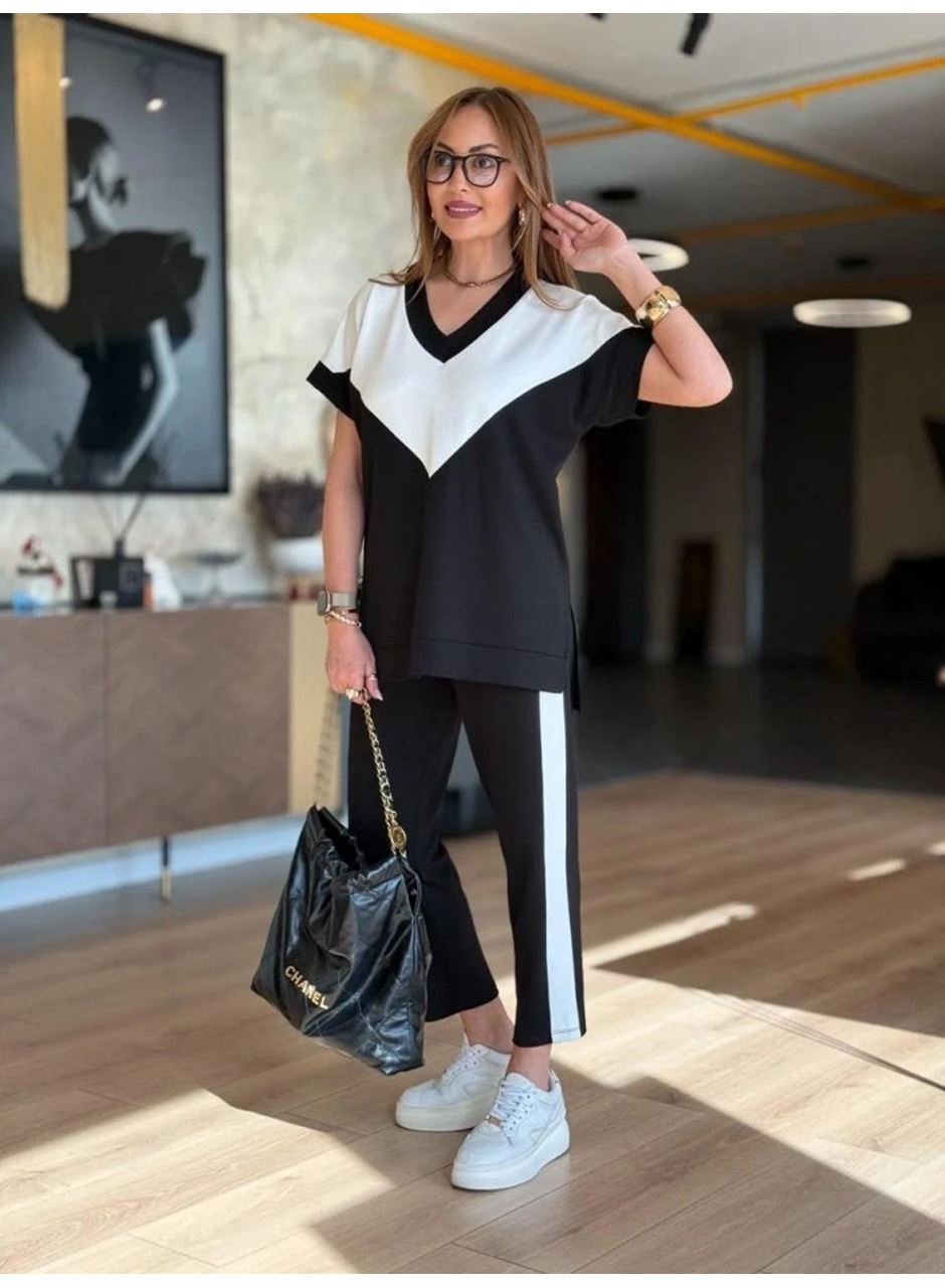Kadın Kısa Kollu V Yaka Siyah Beyaz Renkli Viskon Iki Iplik Kumaş Eşofman Takımı