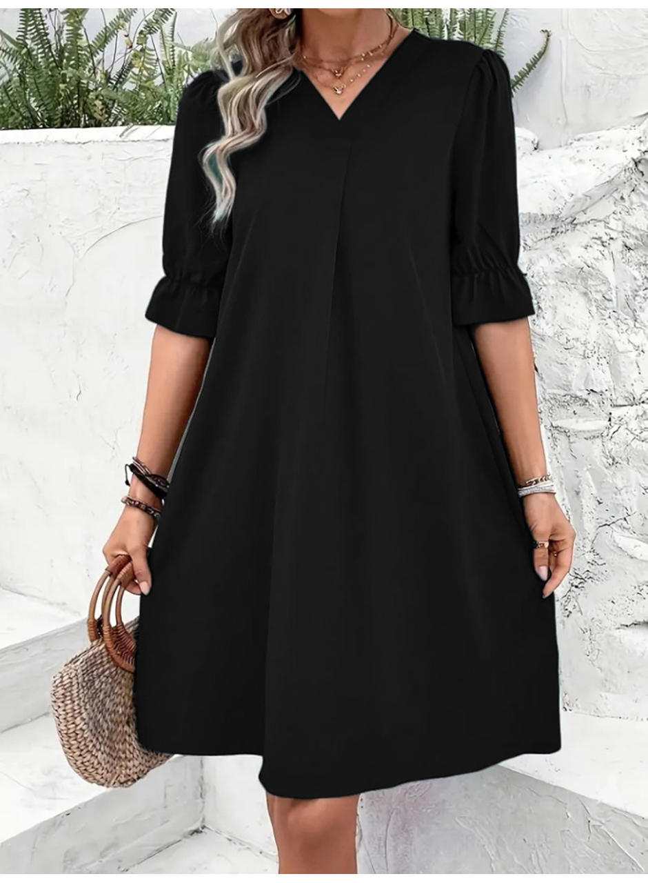 Kadın Kısa Kollu V Yakalı Salaş Janjan Krep Elbise