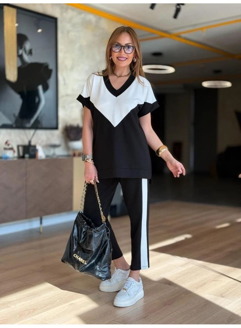 Kadın Kısa Kollu V Yaka Siyah Beyaz Renkli Viskon Iki Iplik Kumaş Eşofman Takımı