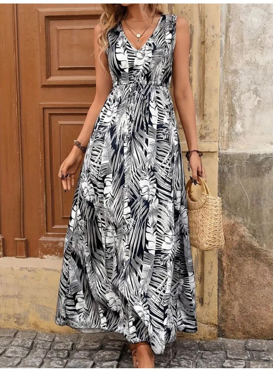 Kadın Askılı V Yakalı Belden Bağcıklı Geniş Kesim Desenli Süprem Elbise