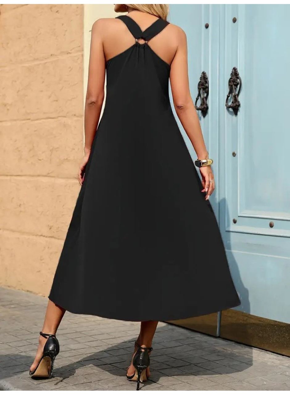 Kadın Askılı V Yakalı Halka Detaylı Maksi Boy Viskon Elbise
