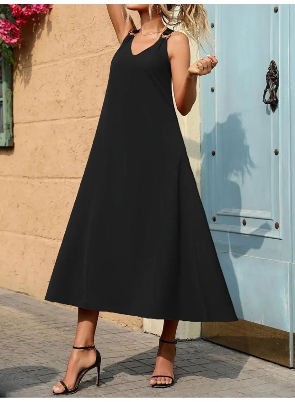 Kadın Askılı V Yakalı Halka Detaylı Maksi Boy Viskon Elbise