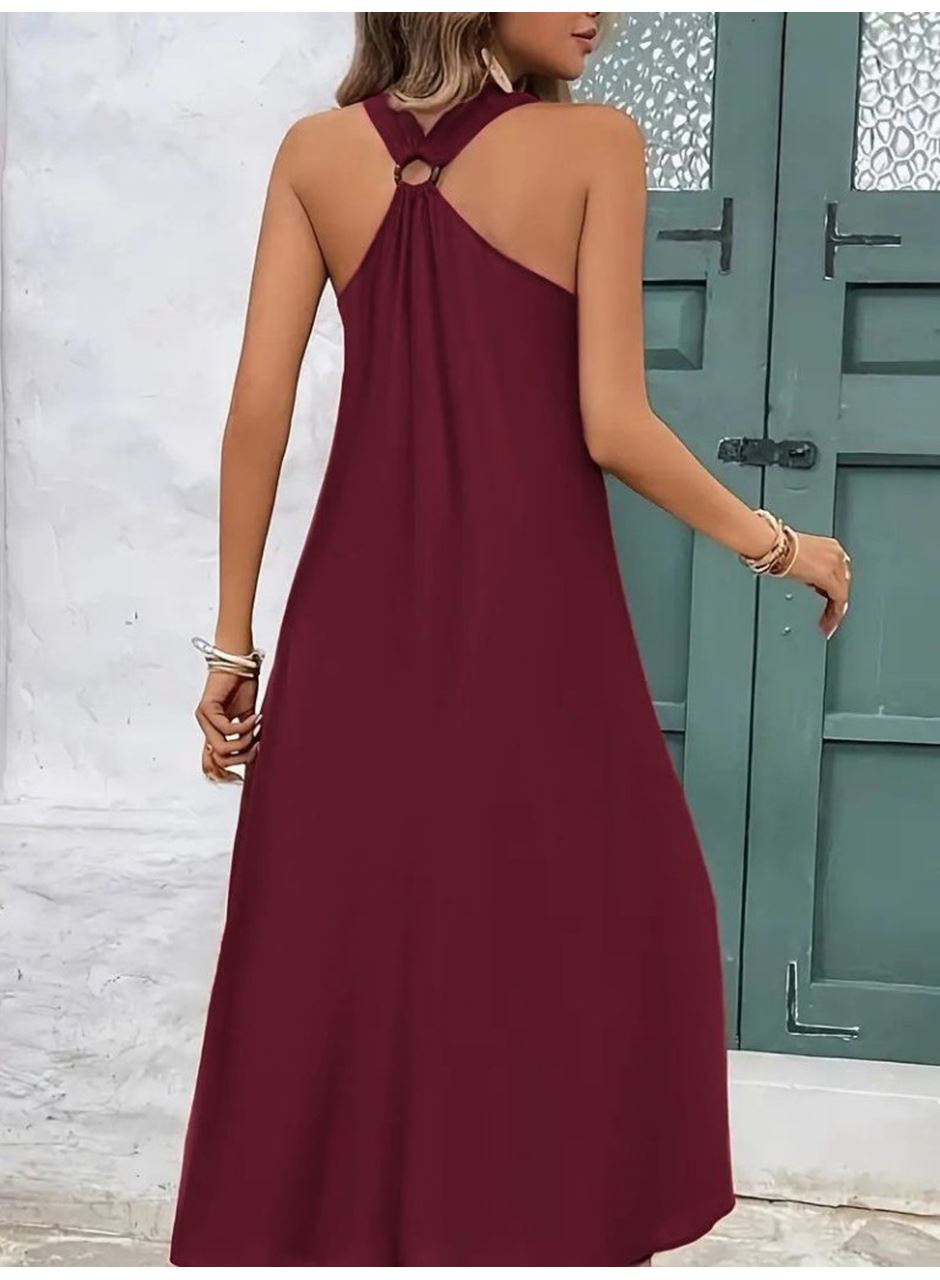 Kadın Askılı V Yakalı Halka Detaylı Maksi Boy Viskon Elbise