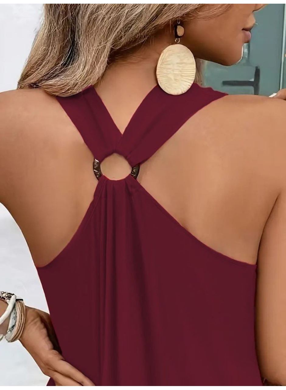 Kadın Askılı V Yakalı Halka Detaylı Maksi Boy Viskon Elbise