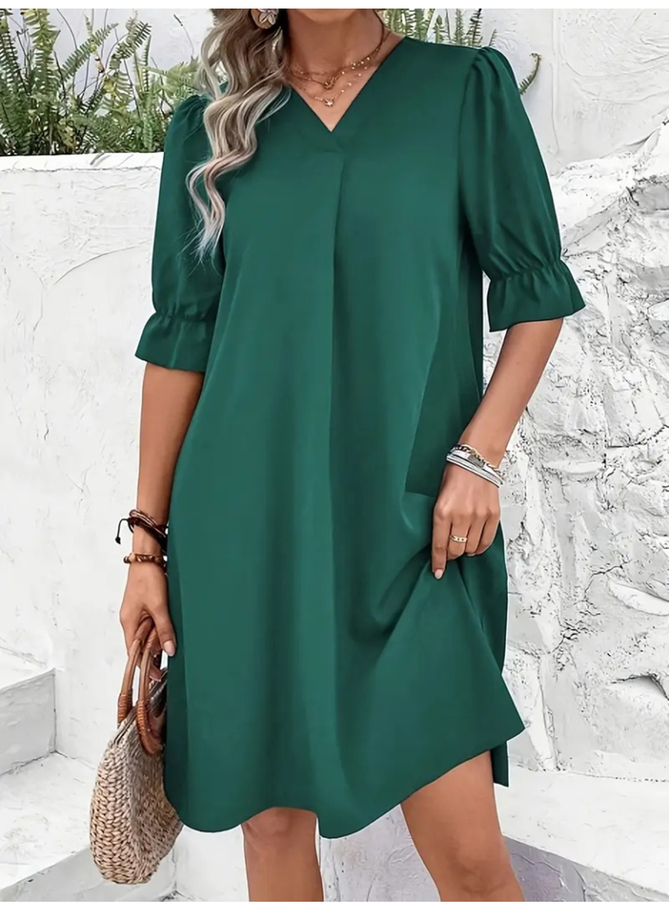 Kadın Kısa Kollu V Yakalı Salaş Janjan Krep Elbise