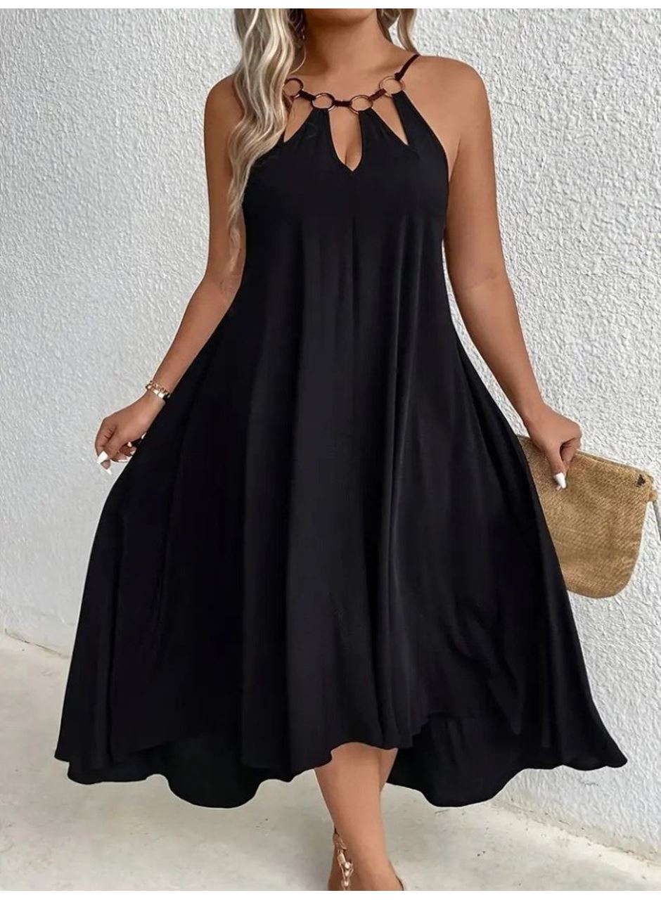 Kadın Boyundan Askılı Damla Detaylı Halkalı Asimetrik Kesim Viskon Elbise