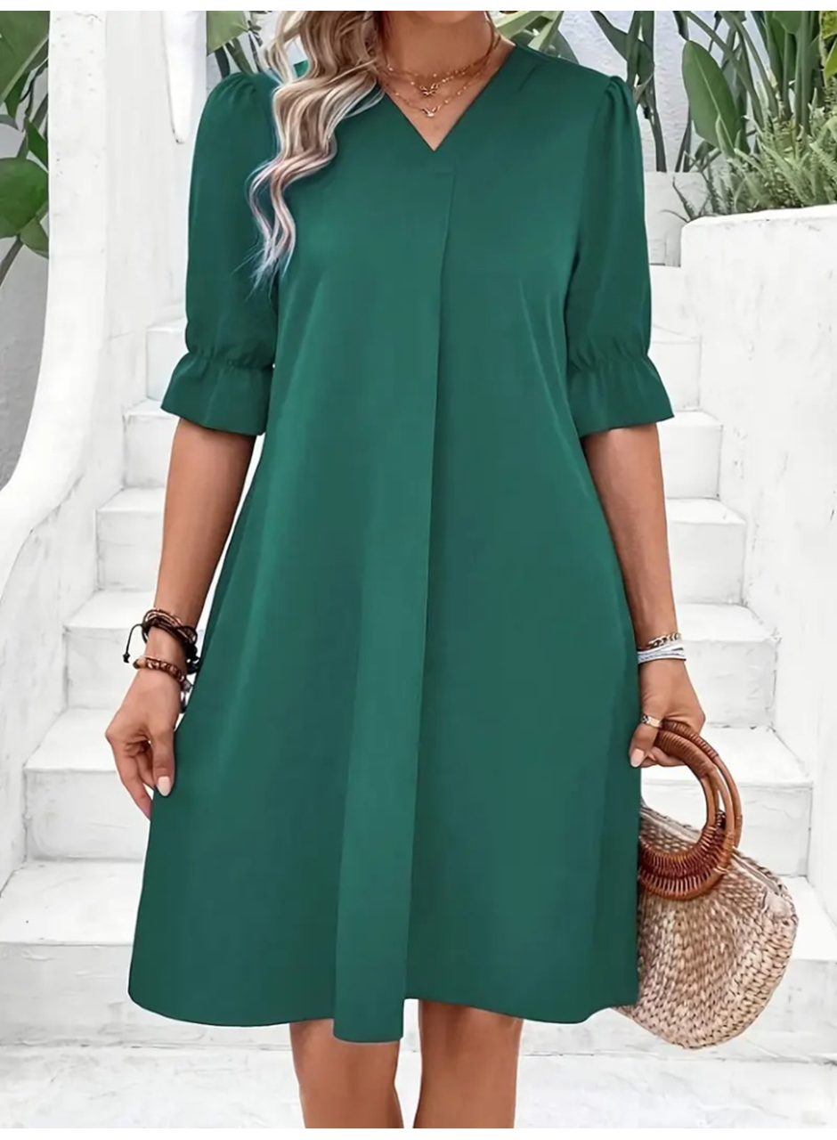 Kadın Kısa Kollu V Yakalı Salaş Janjan Krep Elbise