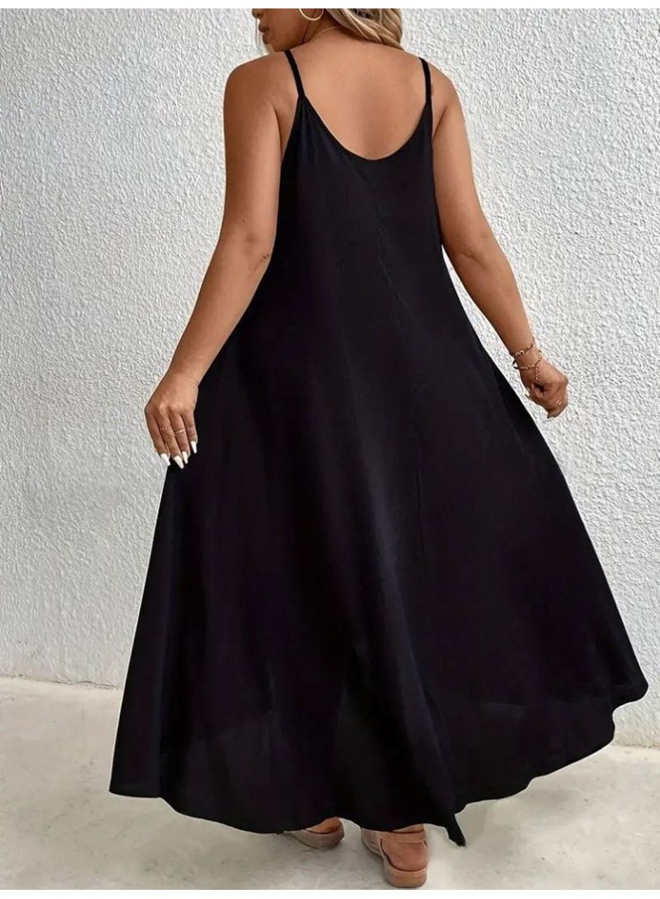 Kadın Boyundan Askılı Damla Detaylı Halkalı Asimetrik Kesim Viskon Elbise