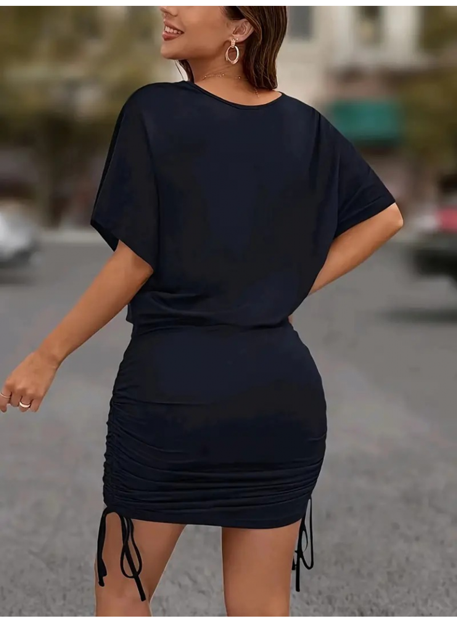 Kadın Kısa Kollu Bisiklet Yaka Yanlardan Büzgülü Kısa Viskon Elbise
