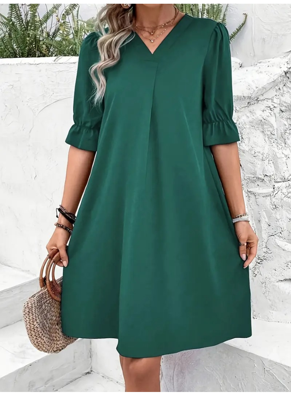 Kadın Kısa Kollu V Yakalı Salaş Janjan Krep Elbise