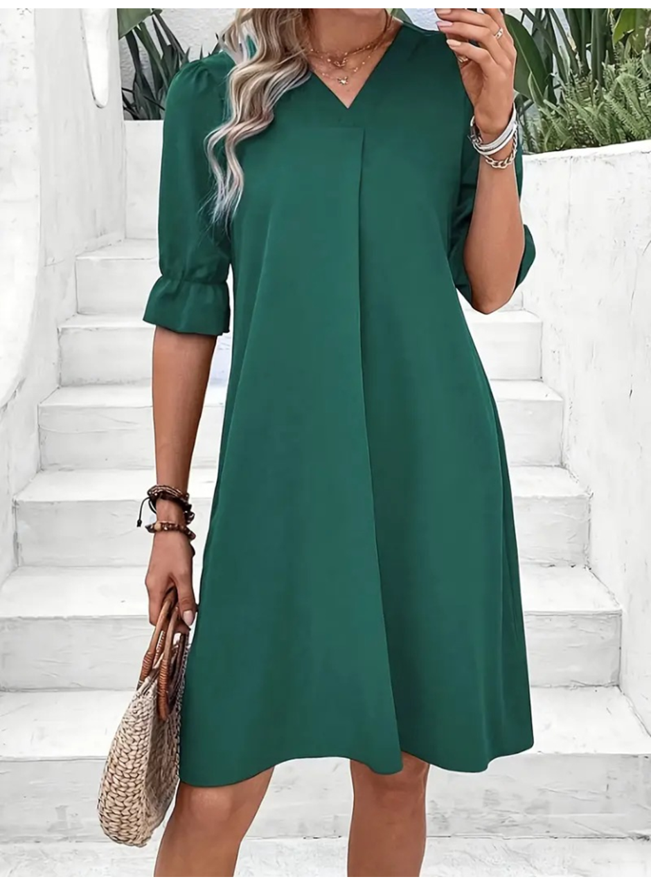 Kadın Kısa Kollu V Yakalı Salaş Janjan Krep Elbise