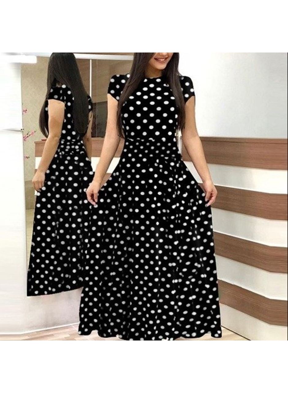 Kadın Kısa Kollu Bisiklet Yaka Puantiyeli Maksi örme Krep Elbise