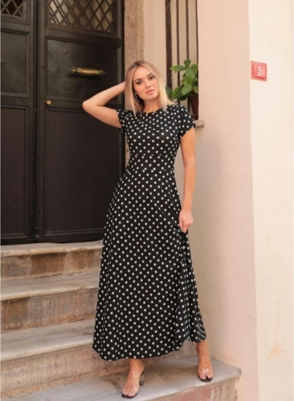 Kadın Kısa Kollu Bisiklet Yaka Puantiyeli Maksi örme Krep Elbise