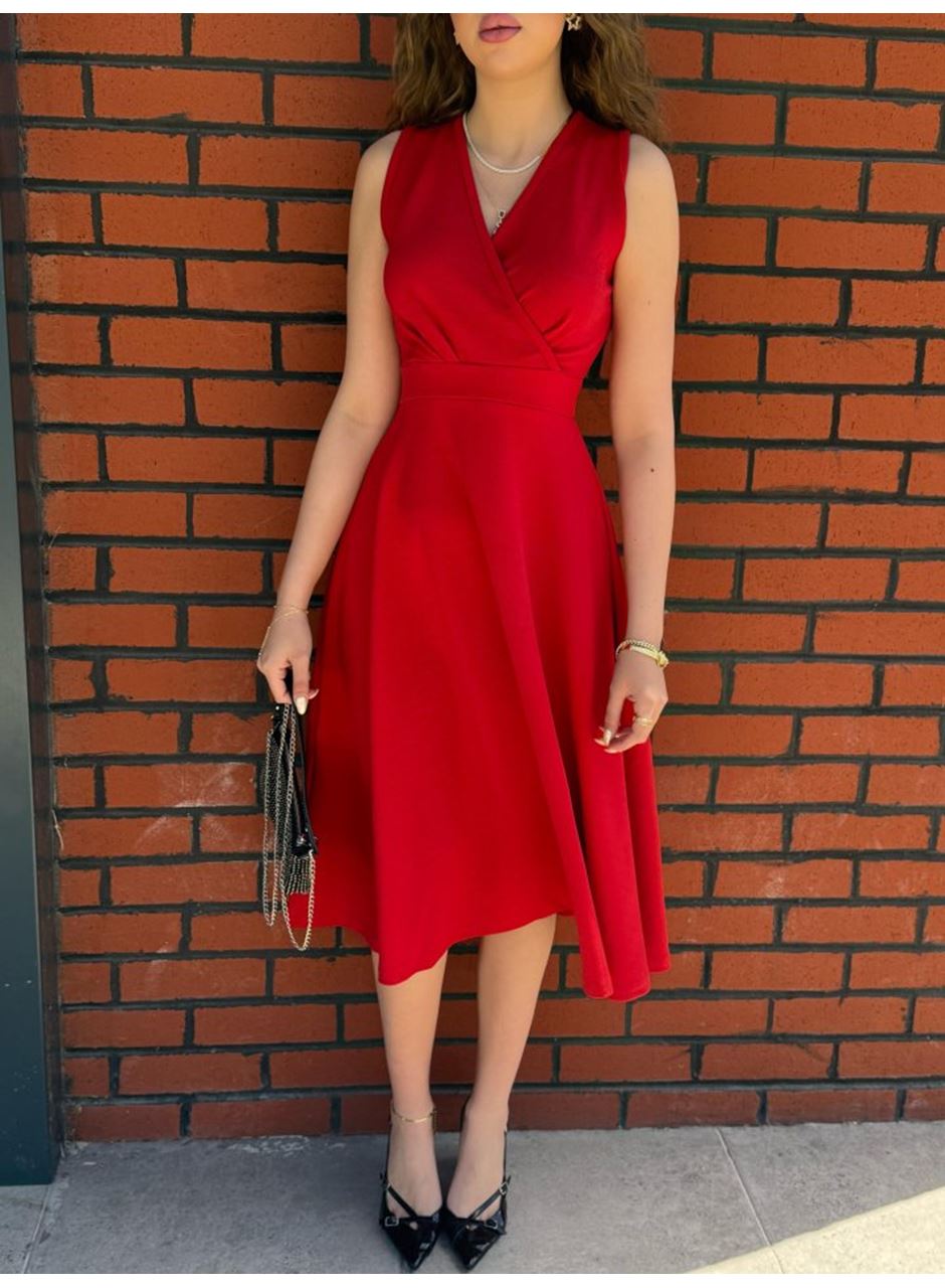 Kadın Ithal Krep Kumaş Kruvaze Yaka Eteği Kloş Kolsuz Mini Elbise