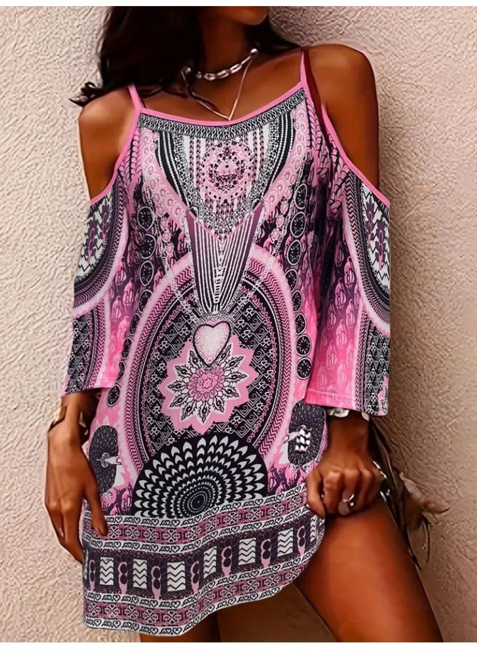 Kadın Askılı Omuzlardan Açık Truvakar Kol Desenli Kısa Süprem Elbise