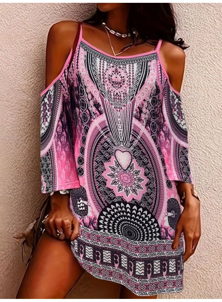 Kadın Askılı Omuzlardan Açık Truvakar Kol Desenli Kısa Süprem Elbise