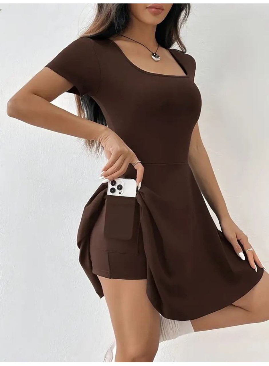 Kadın Kısa Kollu Kare Yaka Short Detaylı Cepli Dalgıç Elbise