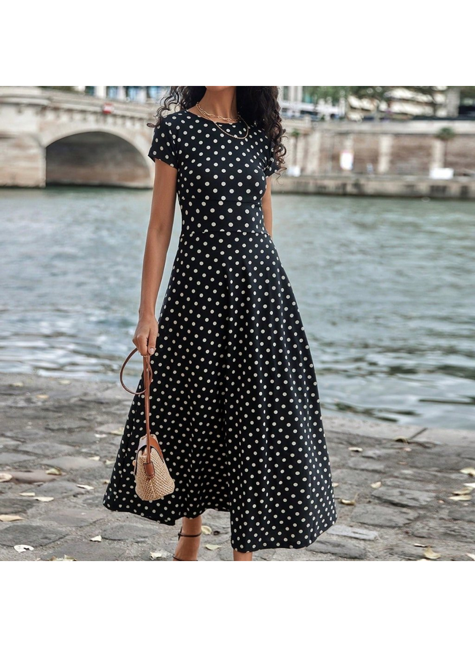 Kadın Kısa Kollu Bisiklet Yaka Puantiyeli Maksi örme Krep Elbise