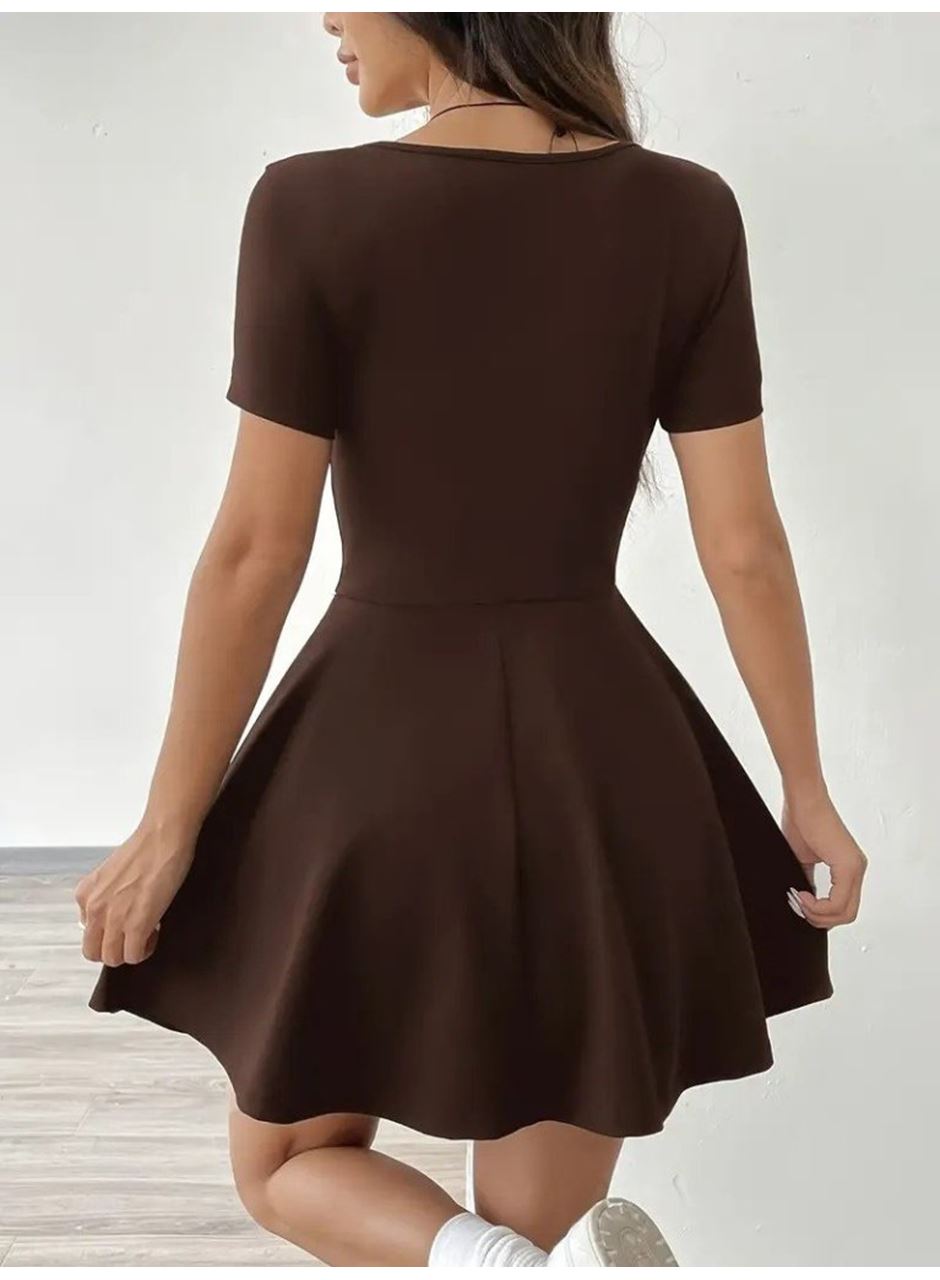 Kadın Kısa Kollu Kare Yaka Short Detaylı Cepli Dalgıç Elbise