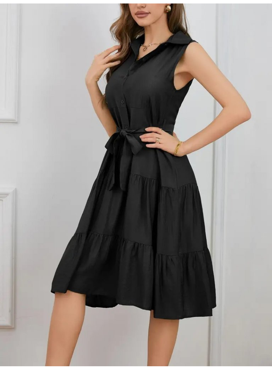 Kadın Kısa Kollu Gömlek Yaka Düğmeli Beli Kuşaklı Katlı Dokuma Midi Elbise