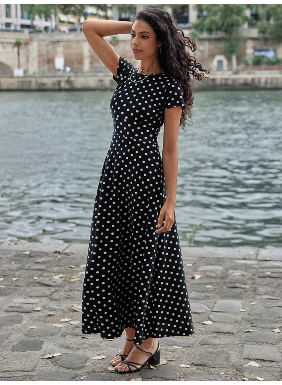 Kadın Kısa Kollu Bisiklet Yaka Puantiyeli Maksi örme Krep Elbise