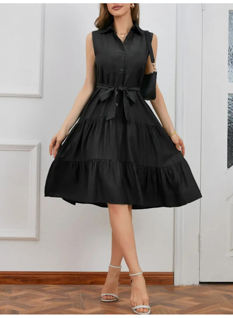 Kadın Kısa Kollu Gömlek Yaka Düğmeli Beli Kuşaklı Katlı Dokuma Midi Elbise