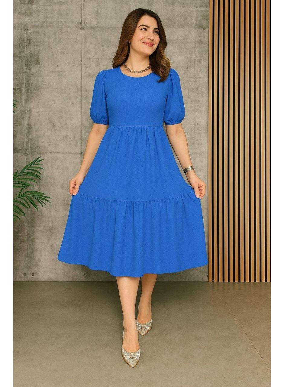 Kadın Kısa Kollu Yakası Açık Katlı Bürümcük Balon Elbise