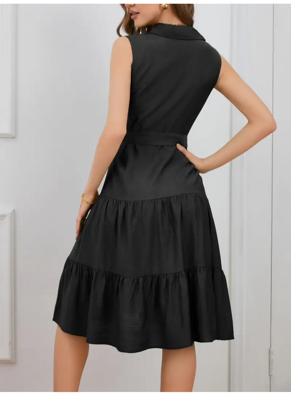 Kadın Kısa Kollu Gömlek Yaka Düğmeli Beli Kuşaklı Katlı Dokuma Midi Elbise