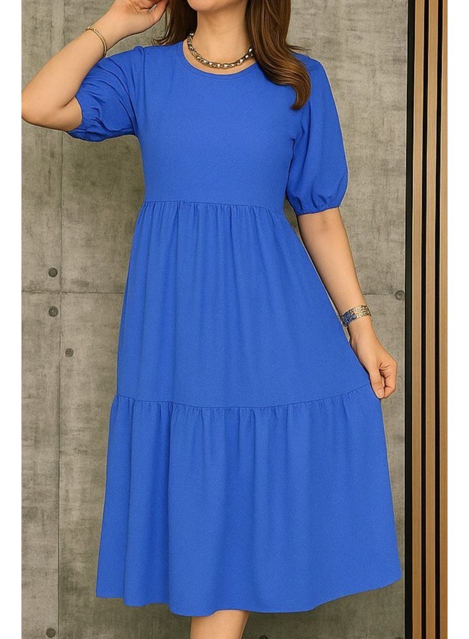 Kadın Kısa Kollu Yakası Açık Katlı Bürümcük Balon Elbise