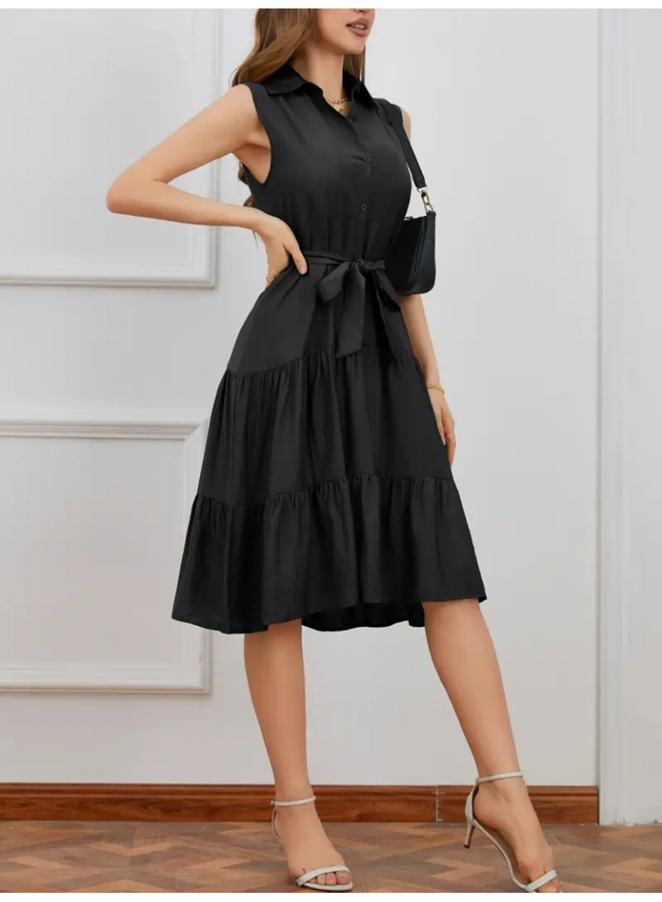 Kadın Kısa Kollu Gömlek Yaka Düğmeli Beli Kuşaklı Katlı Dokuma Midi Elbise