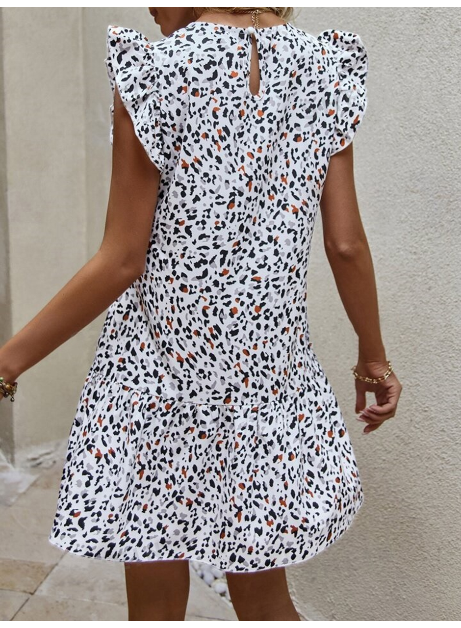 Kadın Kısa Kollu Bisiklet Yaka Etek Ucu Volanlı Kısa Dokuma Elbise