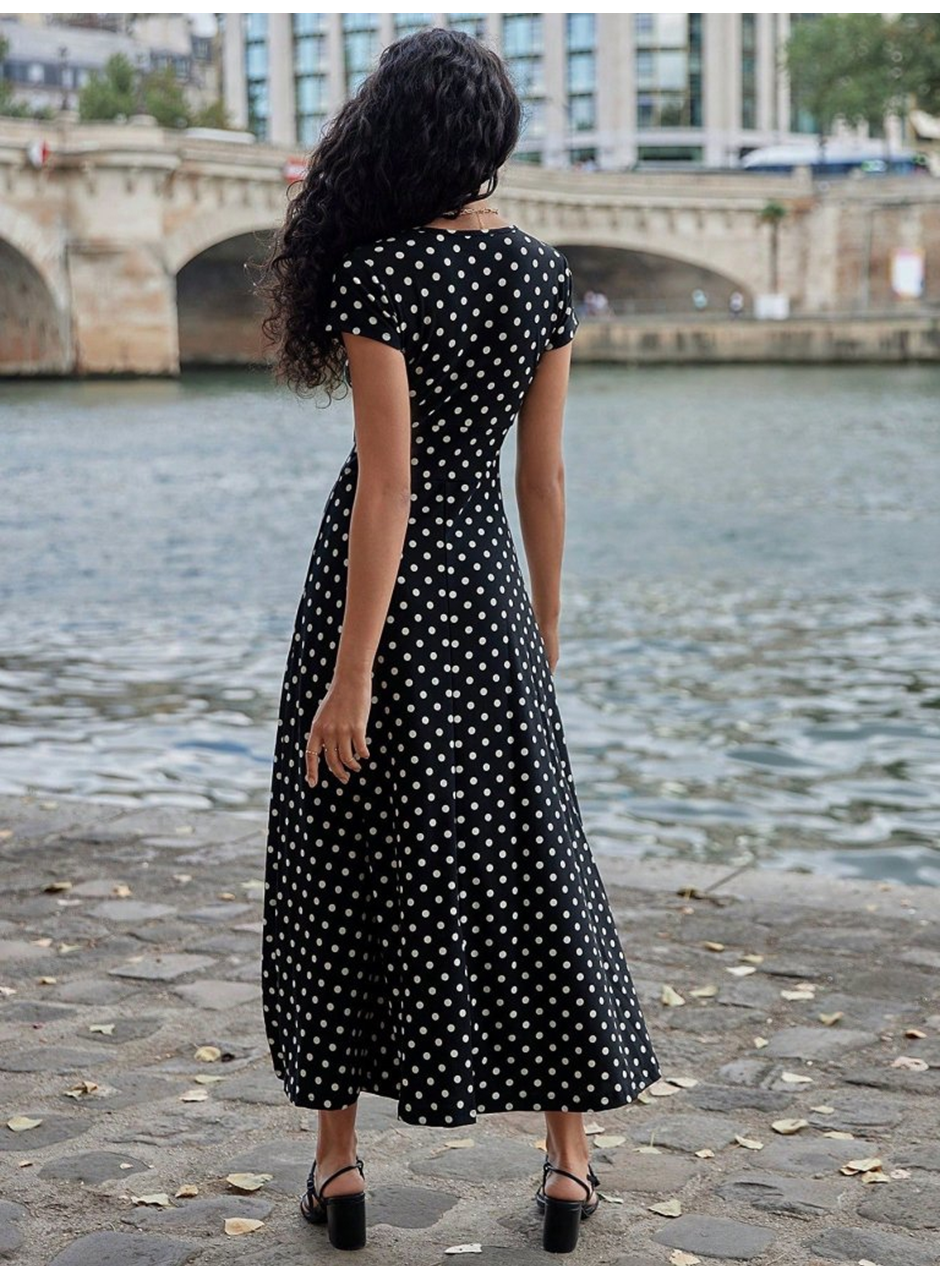 Kadın Kısa Kollu Bisiklet Yaka Puantiyeli Maksi örme Krep Elbise