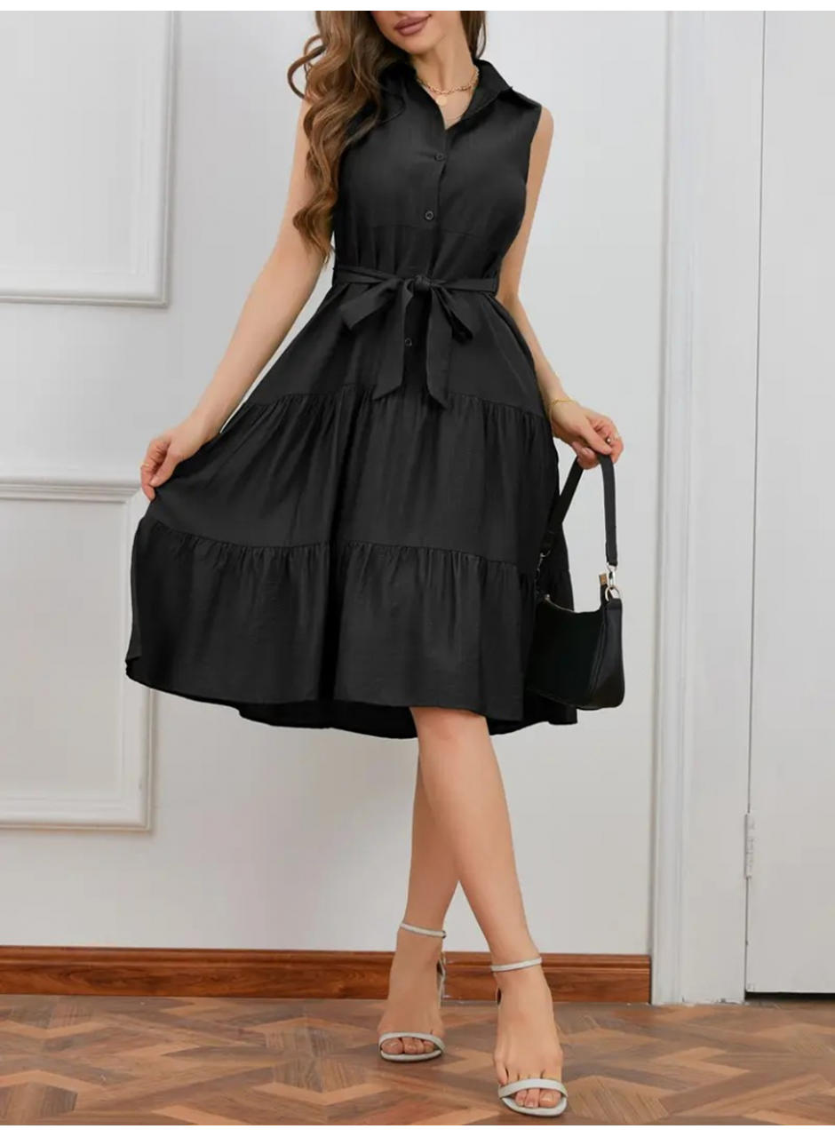 Kadın Kısa Kollu Gömlek Yaka Düğmeli Beli Kuşaklı Katlı Dokuma Midi Elbise