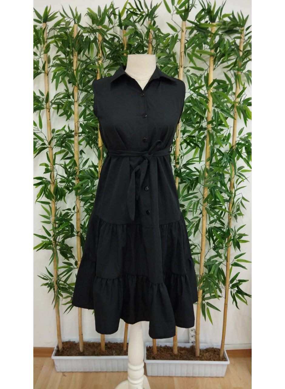 Kadın Kısa Kollu Gömlek Yaka Düğmeli Beli Kuşaklı Katlı Dokuma Midi Elbise