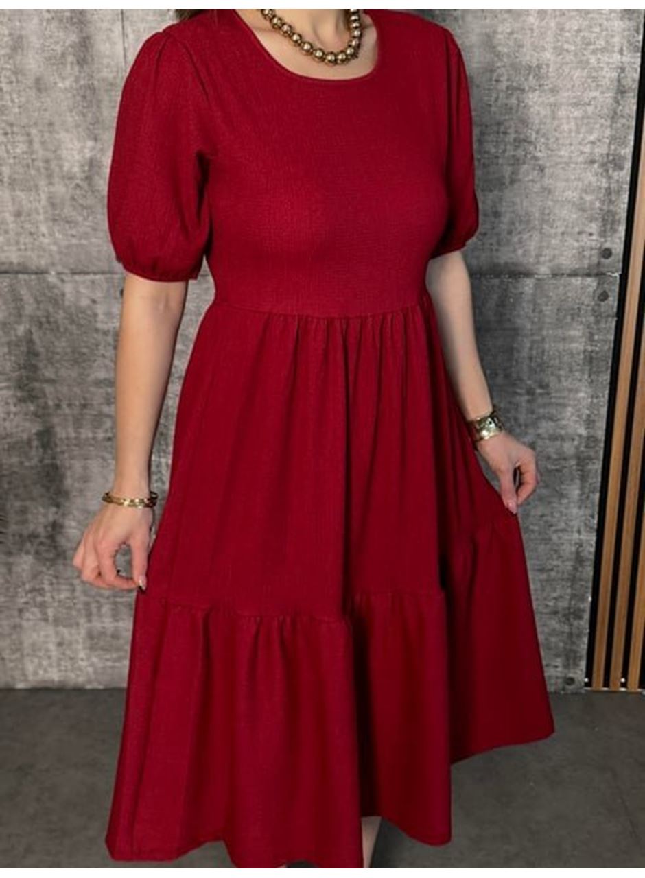 Kadın Kısa Kollu Yakası Açık Katlı Bürümcük Balon Elbise