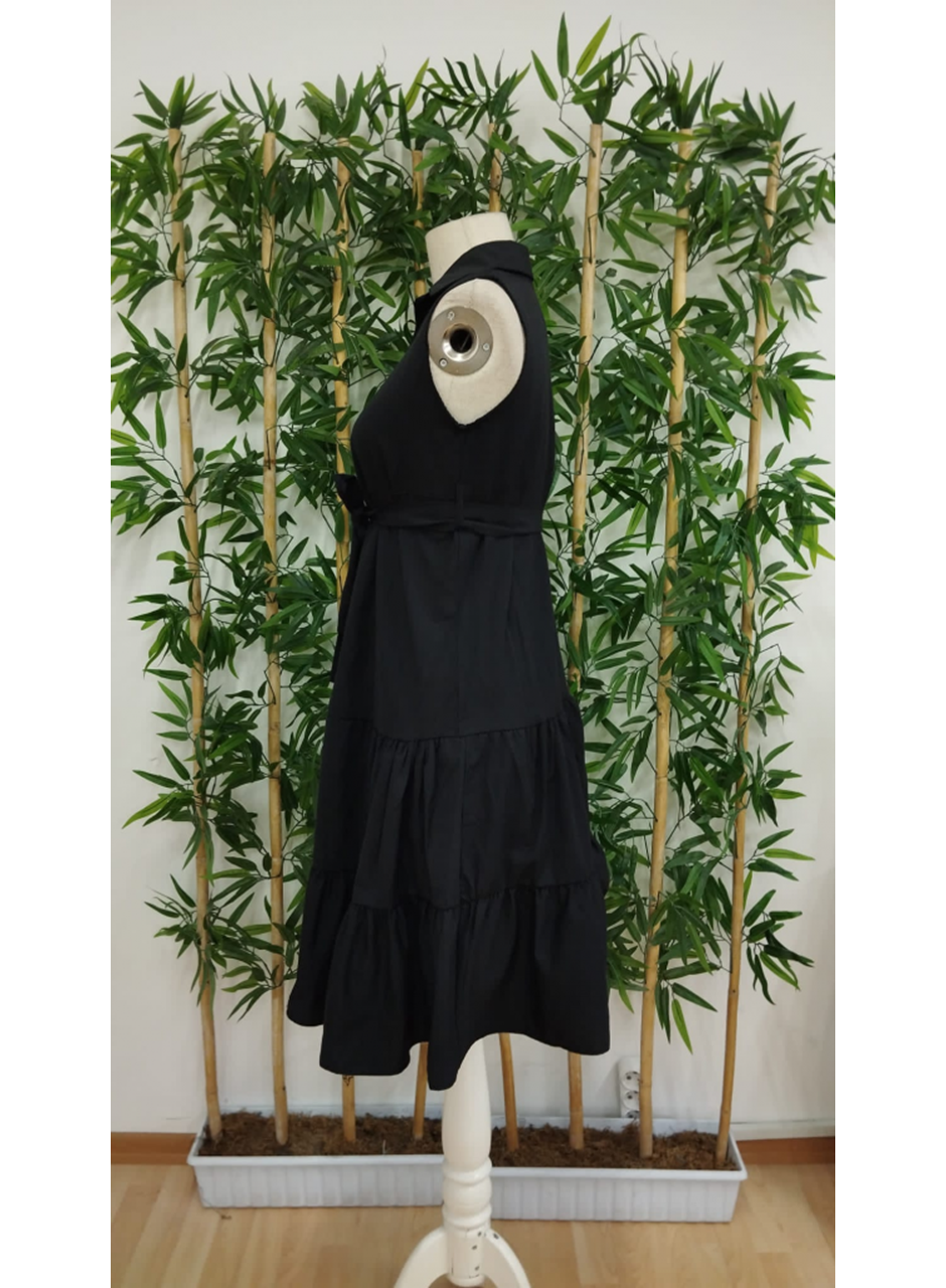 Kadın Kısa Kollu Gömlek Yaka Düğmeli Beli Kuşaklı Katlı Dokuma Midi Elbise