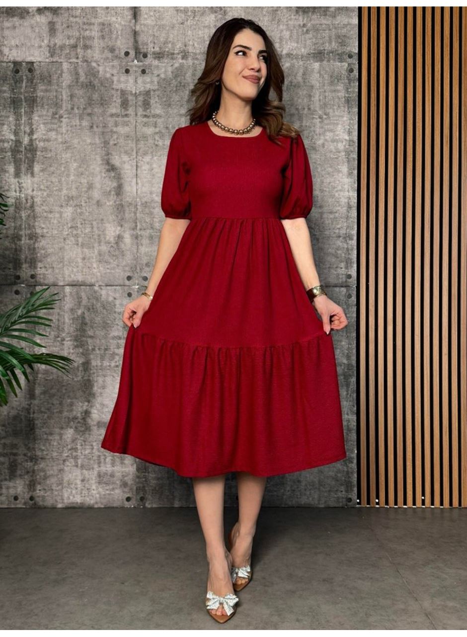 Kadın Kısa Kollu Yakası Açık Katlı Bürümcük Balon Elbise