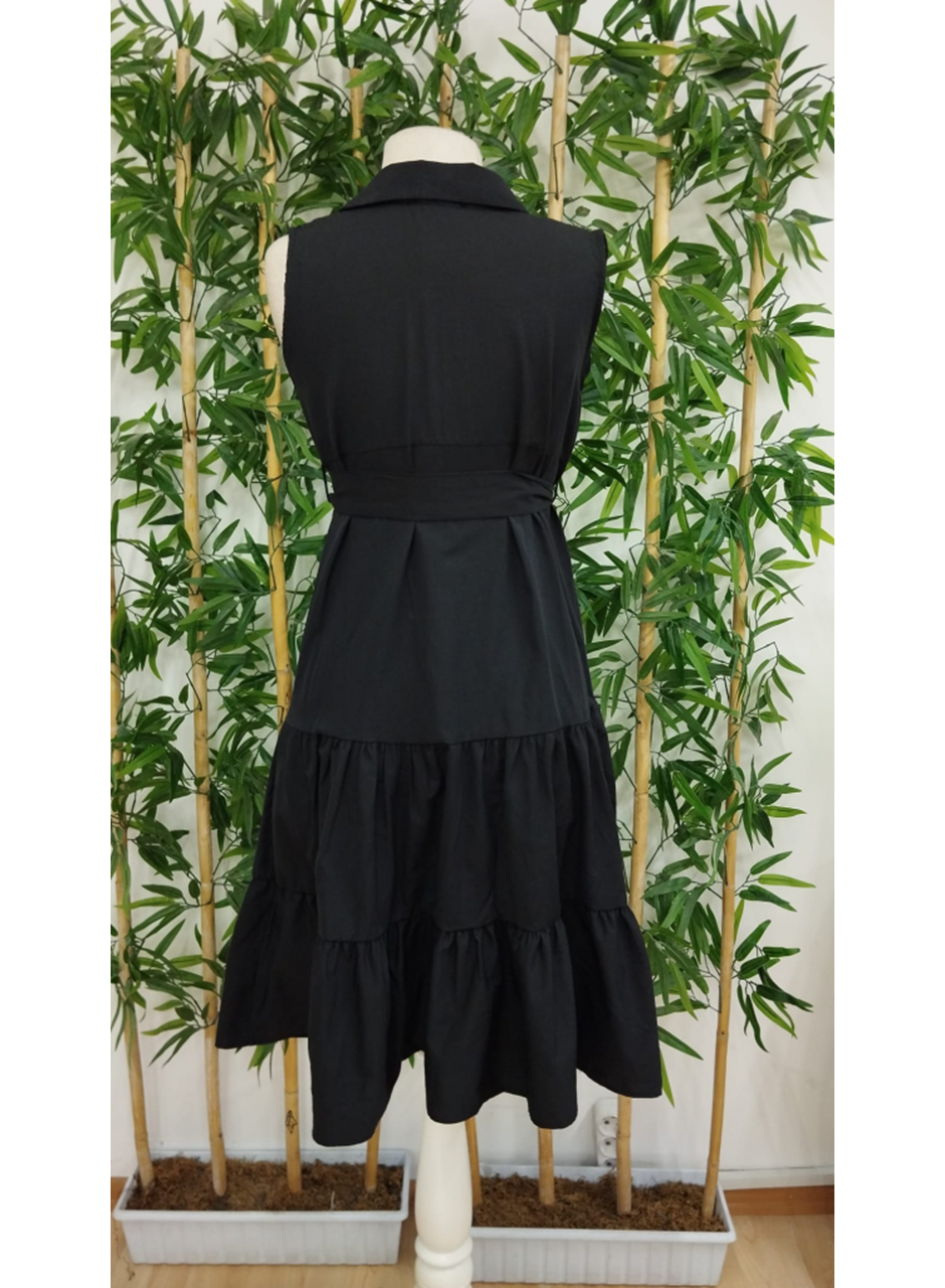 Kadın Kısa Kollu Gömlek Yaka Düğmeli Beli Kuşaklı Katlı Dokuma Midi Elbise