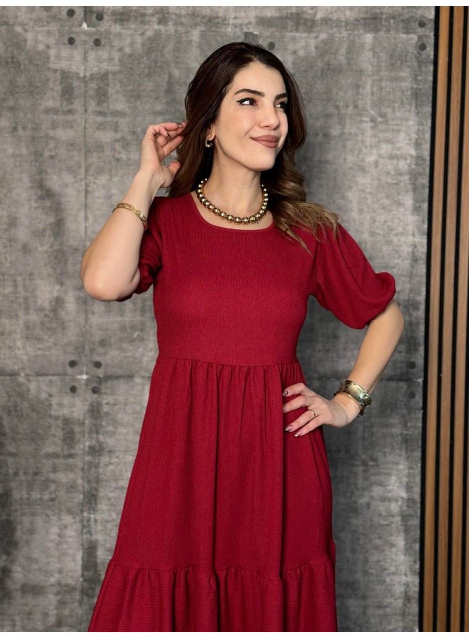 Kadın Kısa Kollu Yakası Açık Katlı Bürümcük Balon Elbise