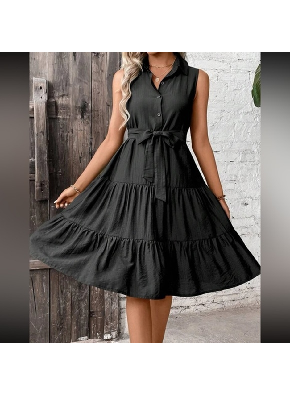 Kadın Kısa Kollu Gömlek Yaka Düğmeli Beli Kuşaklı Katlı Dokuma Midi Elbise