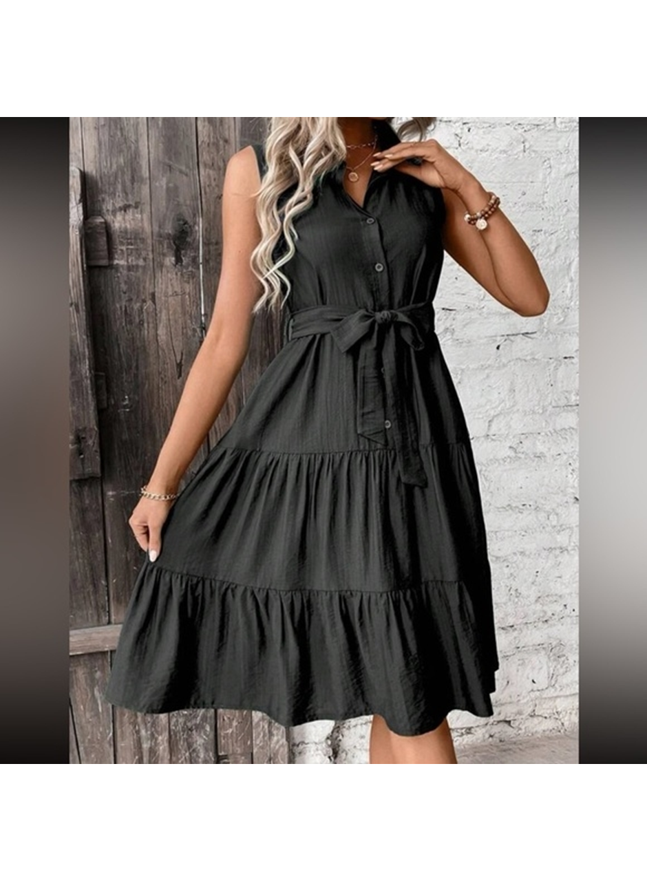 Kadın Kısa Kollu Gömlek Yaka Düğmeli Beli Kuşaklı Katlı Dokuma Midi Elbise