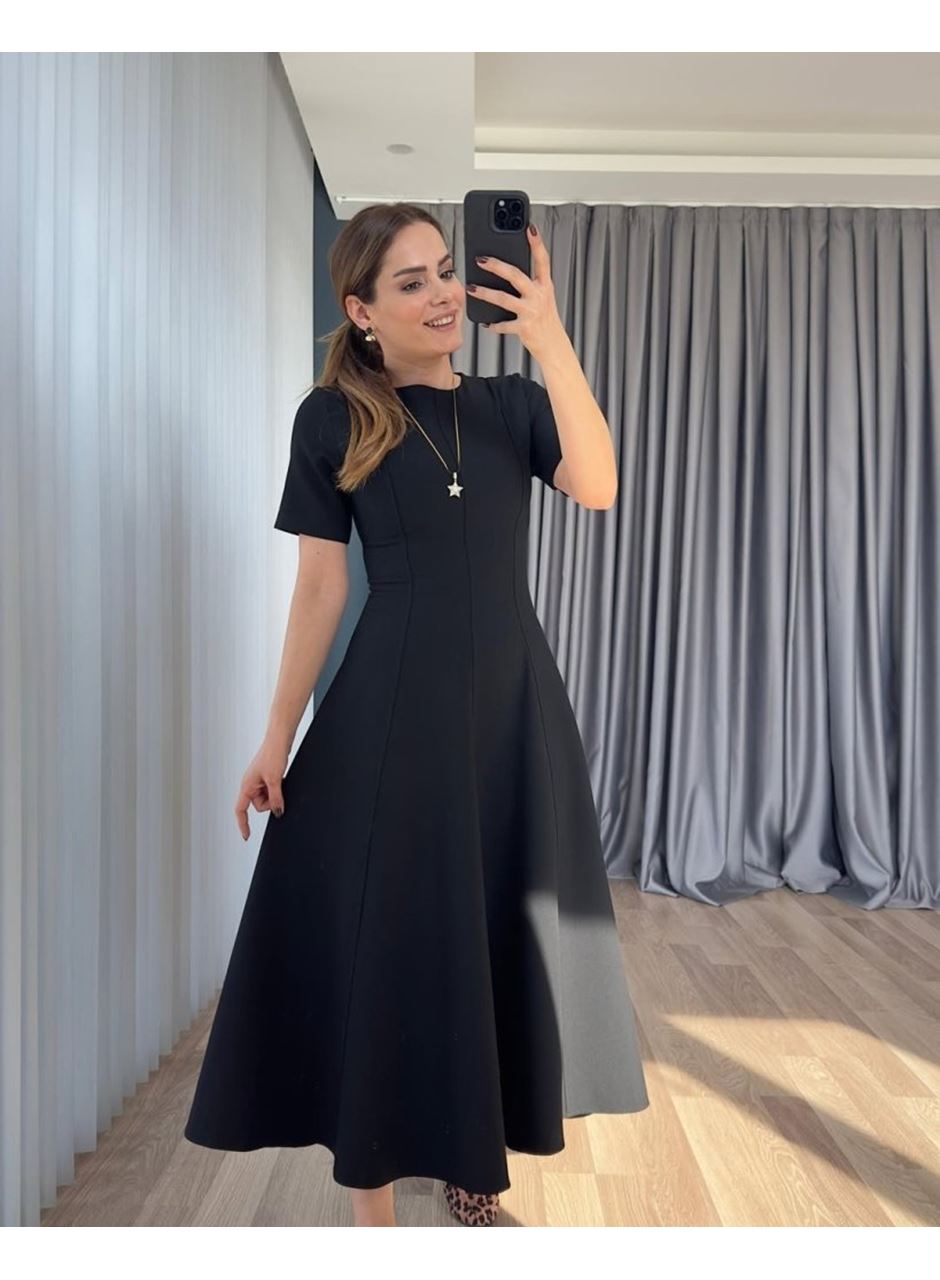 Kadın Kısa Kollu Bisiklet Yaka Maksi Boy Ithal Krep Elbise