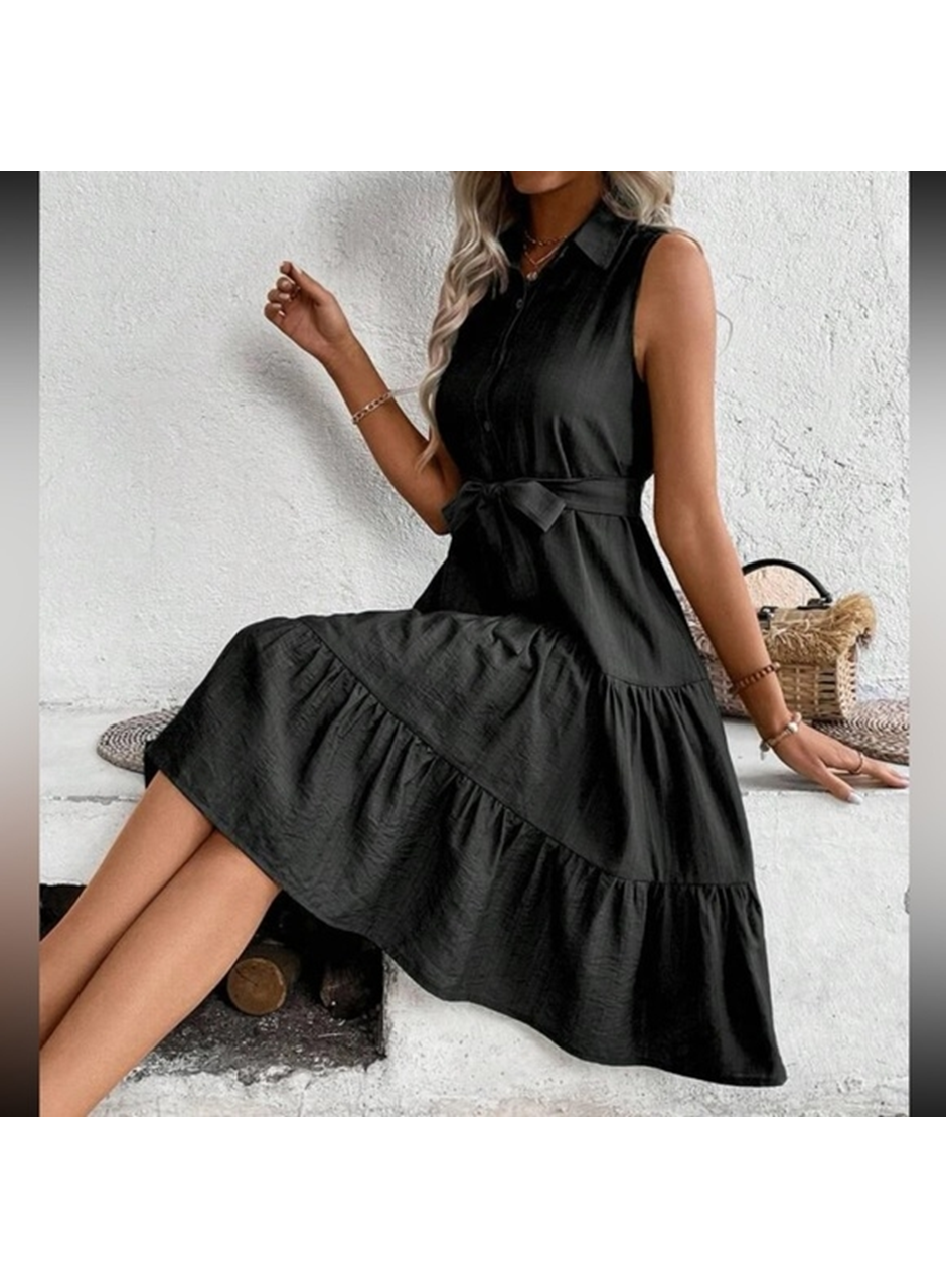 Kadın Kısa Kollu Gömlek Yaka Düğmeli Beli Kuşaklı Katlı Dokuma Midi Elbise