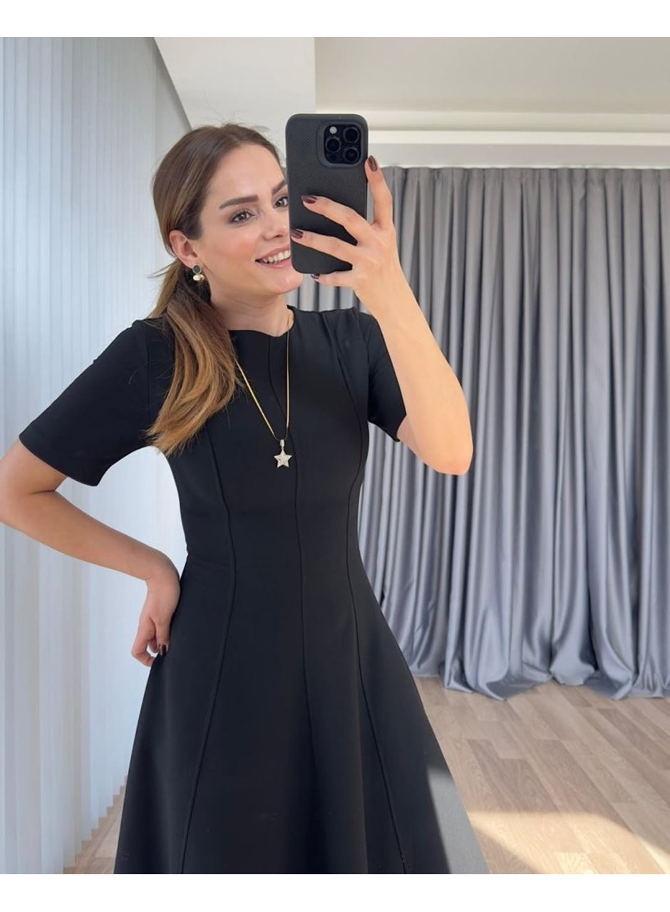 Kadın Kısa Kollu Bisiklet Yaka Maksi Boy Ithal Krep Elbise