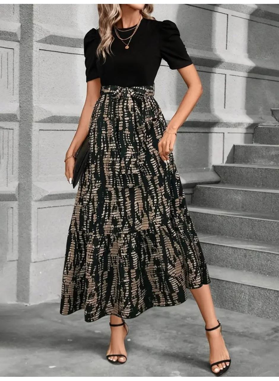 Kadın Kısa Kollu Bisiklet Yaka üst Ithal Krep Alt Süprem Maksi Boy Elbise