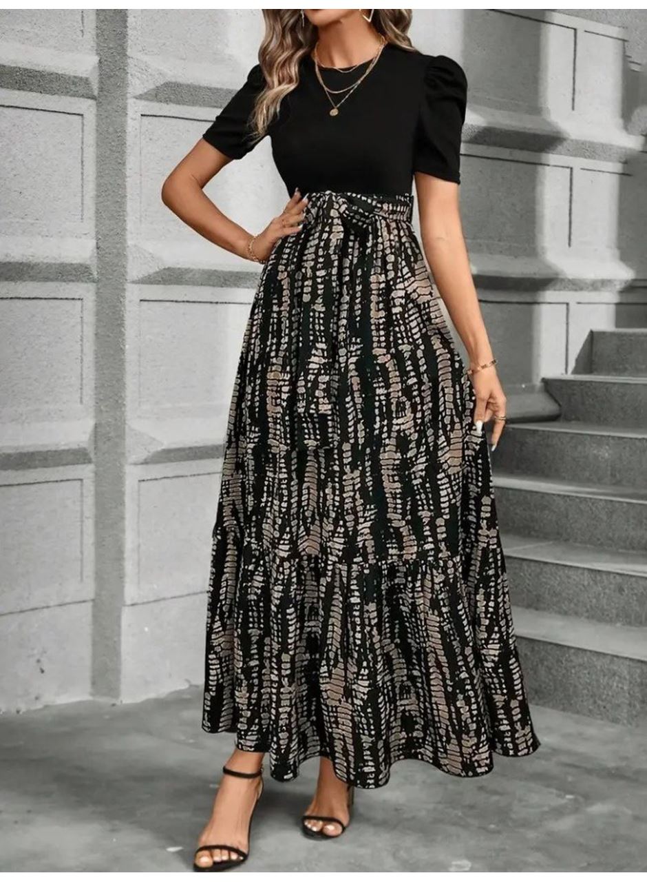 Kadın Kısa Kollu Bisiklet Yaka üst Ithal Krep Alt Süprem Maksi Boy Elbise