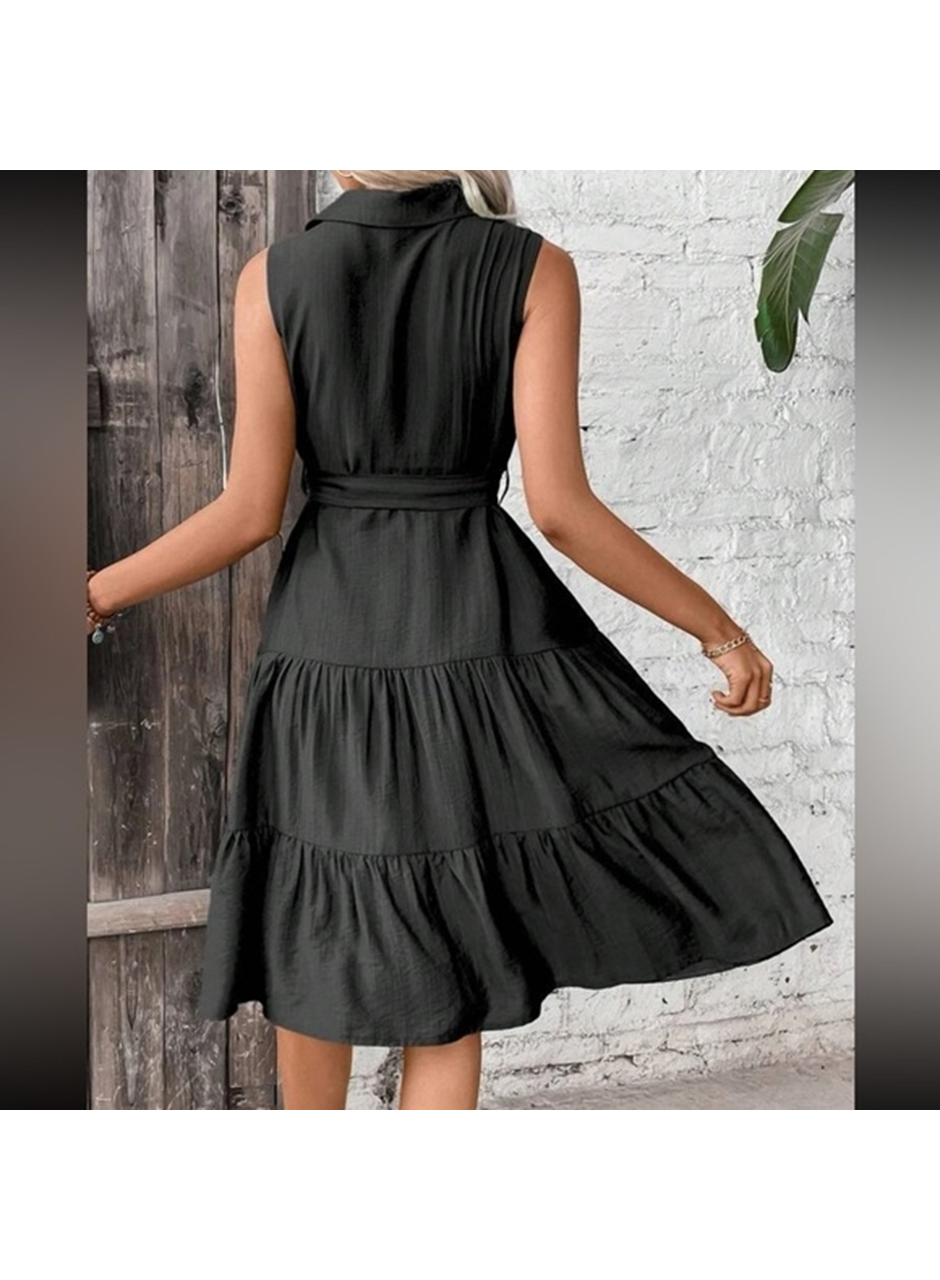 Kadın Kısa Kollu Gömlek Yaka Düğmeli Beli Kuşaklı Katlı Dokuma Midi Elbise