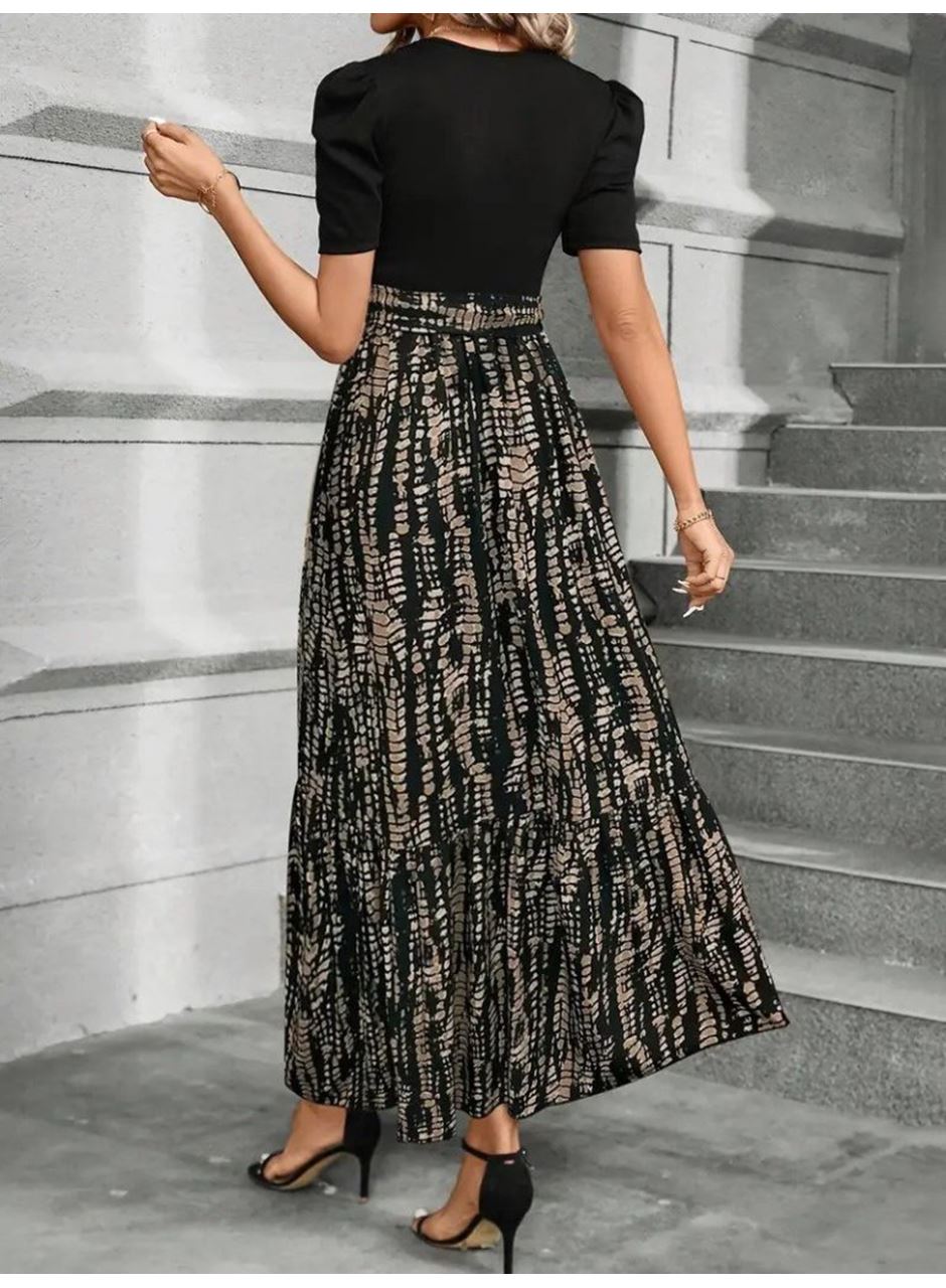 Kadın Kısa Kollu Bisiklet Yaka üst Ithal Krep Alt Süprem Maksi Boy Elbise