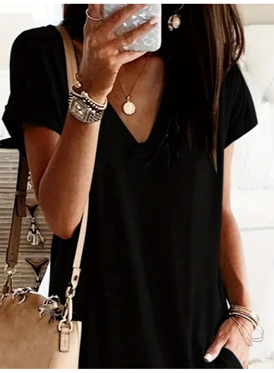 Kadın Kısa Kollu V Yakalı Cepli Kısa Viskon Elbise