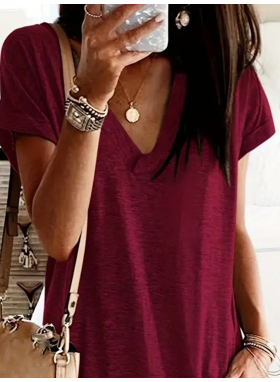 Kadın Kısa Kollu V Yakalı Cepli Kısa Viskon Elbise